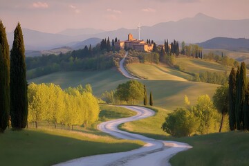 Fototapeta premium Serene winding road leading to a historic hilltop village surrounded by lush green hills