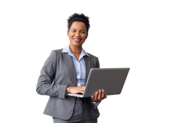 Modern African American professional typing on a laptop while carrying it