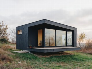 Modern Cabin Retreat: A sleek, contemporary cabin perched on a gentle hillside, featuring large glass windows and a minimalist design.