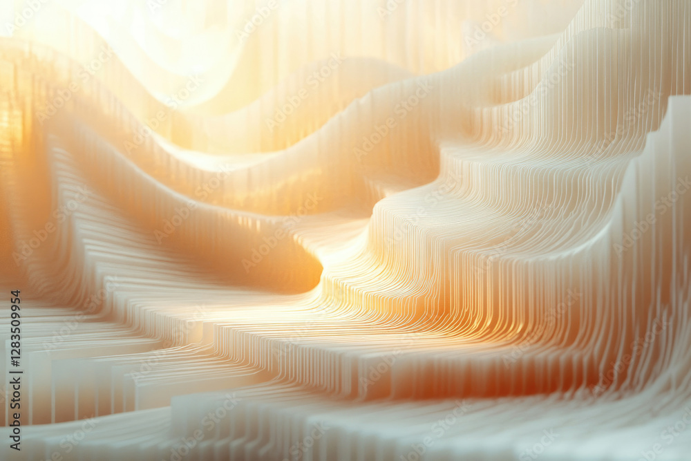 Poster Abstract 3D rendering of undulating, layered forms illuminated by warm light, creating a serene, almost ethereal landscape.