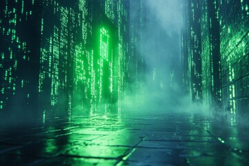 Obraz premium Mysterious alley illuminated by green light with mist creating an atmospheric digital environment