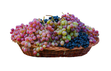 Different grapes in a basket on a white background