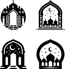  Islamic Mosque Gate Logos with Crescent Moon and Stars &ndash; Minimalist Vector Design