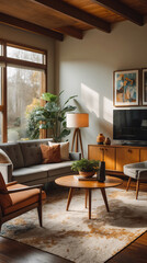 Inviting Mid Century Living Room with Wooden Furniture Colorful Ethnic Accents and Tropical Greenery for a Relaxing Vibe Earth Tone Modern Interior design inspiration