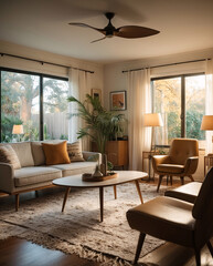 Inviting Mid Century Living Room with Wooden Furniture Colorful Ethnic Accents and Tropical Plants for a Stylish Design Earth Tone Modern Interior design inspiration