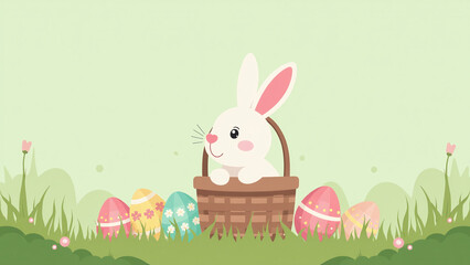 cute bunny sits basket near easter eggs green