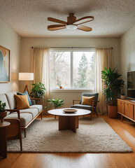 Mid Century Living Room Featuring Wooden Furniture Vibrant Ethnic Style and Tropical Plants for a Warm and Cozy Space Earth Tone Modern Interior design inspiration