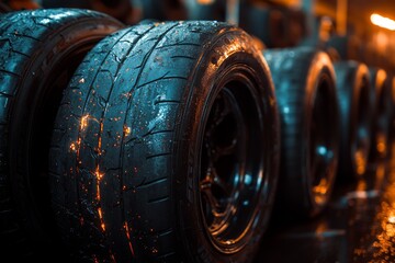 Close-up of wet racing tires on display in a garage during a late-night motorsport event