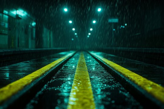 Rain-soaked train tracks glisten under dim street lights in an empty station during a late-night downpour