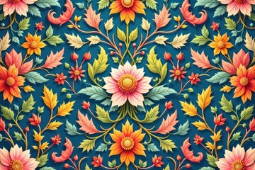 Floral damask with leaves and vines, seamless repeat, floral patterns, leafy motifs, vector floral damask