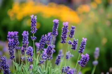 Fototapeta premium Vibrant lavender blooms surrounded by colorful wildflowers in a sunny garden during summer. Generative AI