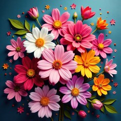 Floral explosion with various colorful flowers, design elements, background, vibrant