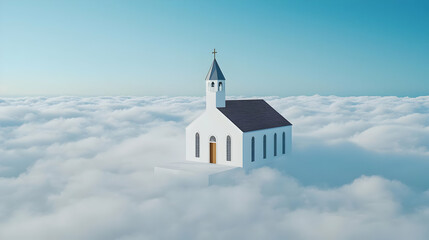 White Church Above the Clouds Under a Clear Blue Sky with Pixelated Digital Render