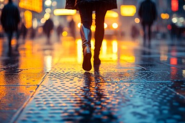 Fototapeta premium Walking through a rainy urban street illuminated by city lights during nighttime