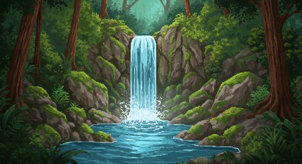 Pixel art shows a tranquil waterfall scene in the forest