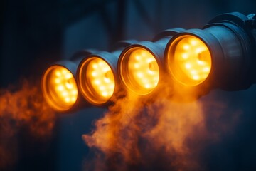Bright orange lights emit a warm glow amidst swirling smoke in a dark setting