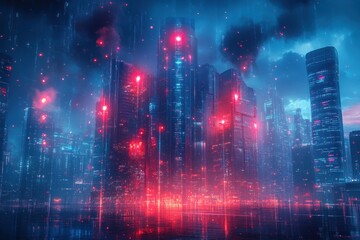 Fototapeta premium Vibrant neon cityscape illuminated by red and blue hues during an evening rainstorm