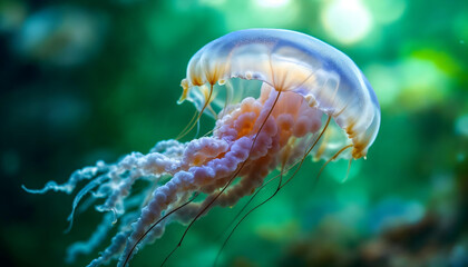 Obraz premium Luminous jellyfish, vibrant colors, underwater scene, bioluminescent