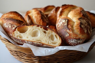 Freshly baked artisanal bread loaves displayed in a woven basket at a local bakery showcasing traditional baking methods on a sunny afternoon