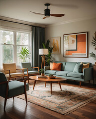 Mid Century Modern Living Room with Wooden Furniture Tropical Plants and Colorful Ethnic Accents for a Stylish Home Earth Tone Modern Interior design inspiration