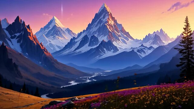 Breathtaking Mountain Landscape at Sunset, Majestic Peaks and Vibrant Colors