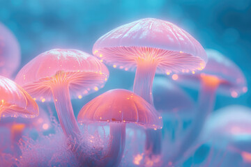 Glowing pink mushrooms in a magical, surreal forest setting.