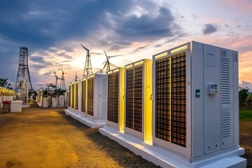 Solar energy storage units lined up at sunset with wind turbines in the background