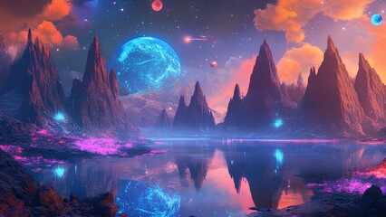 Fototapeta premium A breathtaking extraterrestrial scene featuring towering crystalline mountains, glowing neon flora, and a serene reflective lake under a mesmerizing alien sky with multiple moons and planets.