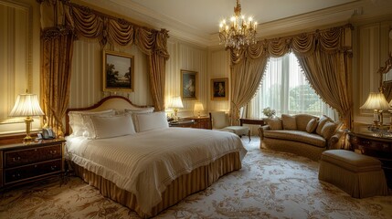 Luxurious hotel suite bedroom, elegant decor, morning sunlight, calm background, ideal for travel brochures