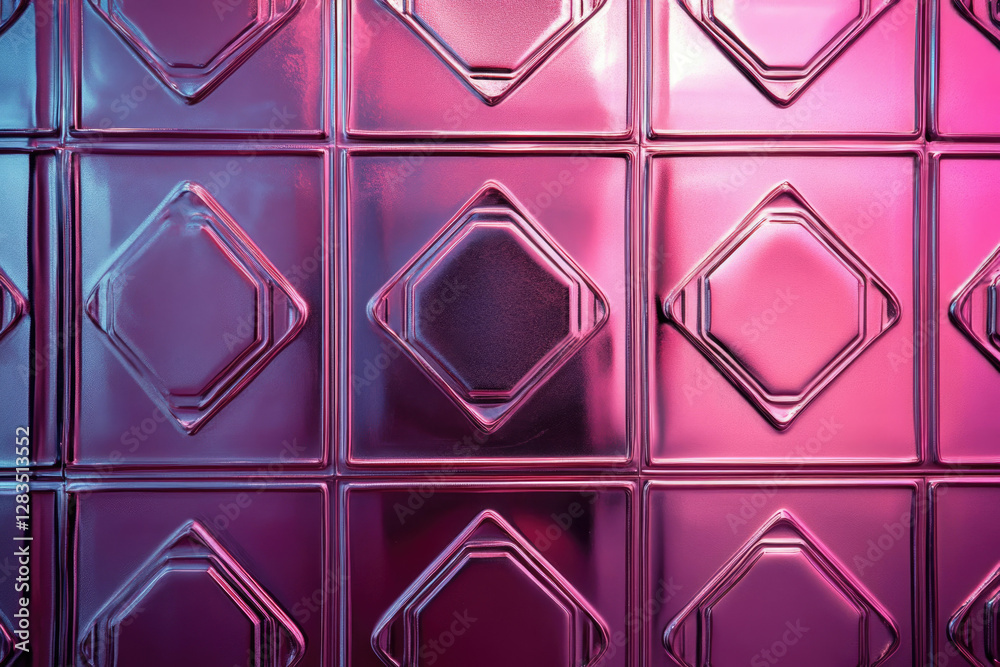 Poster Geometric pink tiles with embossed octagonal patterns reflecting light, creating a vibrant background.
