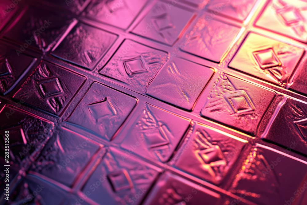 Poster close-up of a pink glass surface with embossed geometric patterns, creating a textured and vibrant d