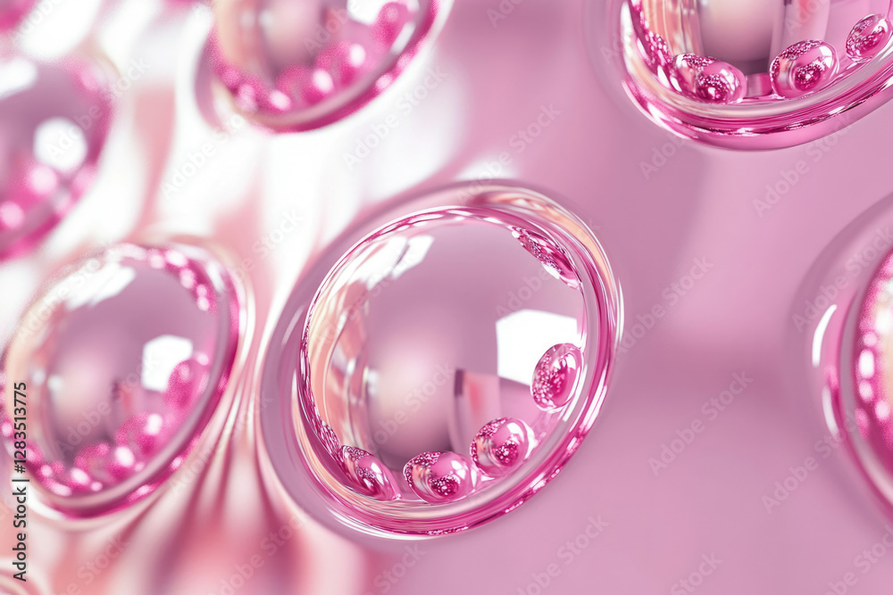 Poster microscopic view of pink spheres filled with smaller pink particles, resembling cells or bubbles.