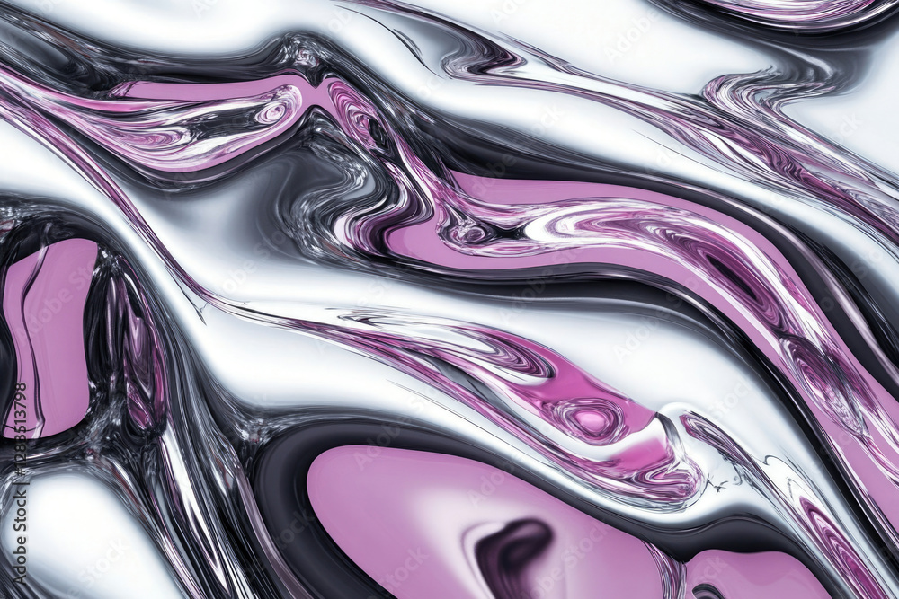 Poster abstract liquid metal art with swirling silver and pink hues creating a mesmerizing visual experienc