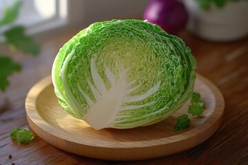 Fototapeta premium Freshly cut cabbage displayed on a wooden board in a sunlit kitchen surrounded by vibrant vegetables