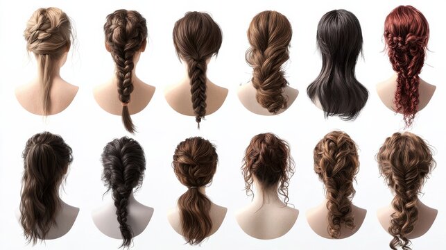A collection of different hairstyles, including braids, ponytails, and buns