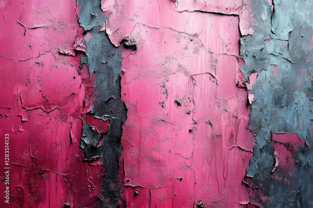 Poster cracked and peeling paint reveals layers of pink and gray, creating a textured abstract background.