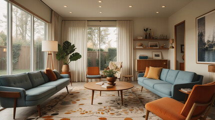 Vibrant and Artistic Mid Century Living Room with Wooden Furniture Tropical Plants and Colorful Ethnic Touches Earth Tone Modern Interior design inspiration