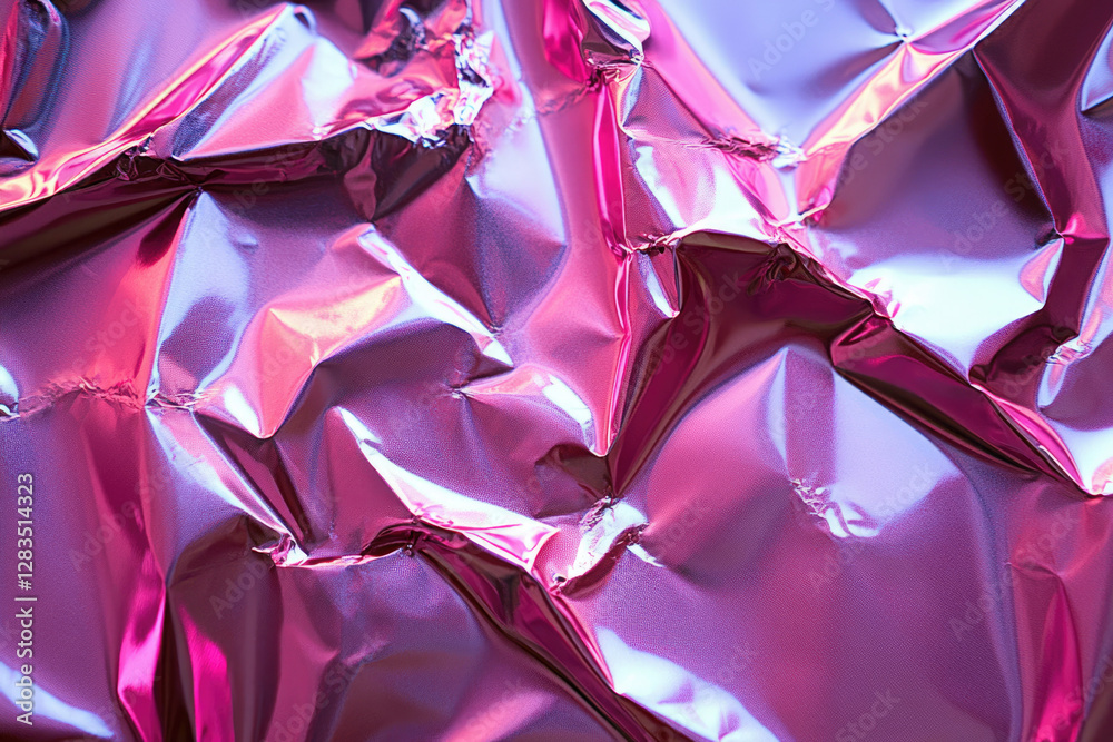 Poster Abstract image of crumpled pink foil with iridescent highlights, showcasing texture and light reflections.
