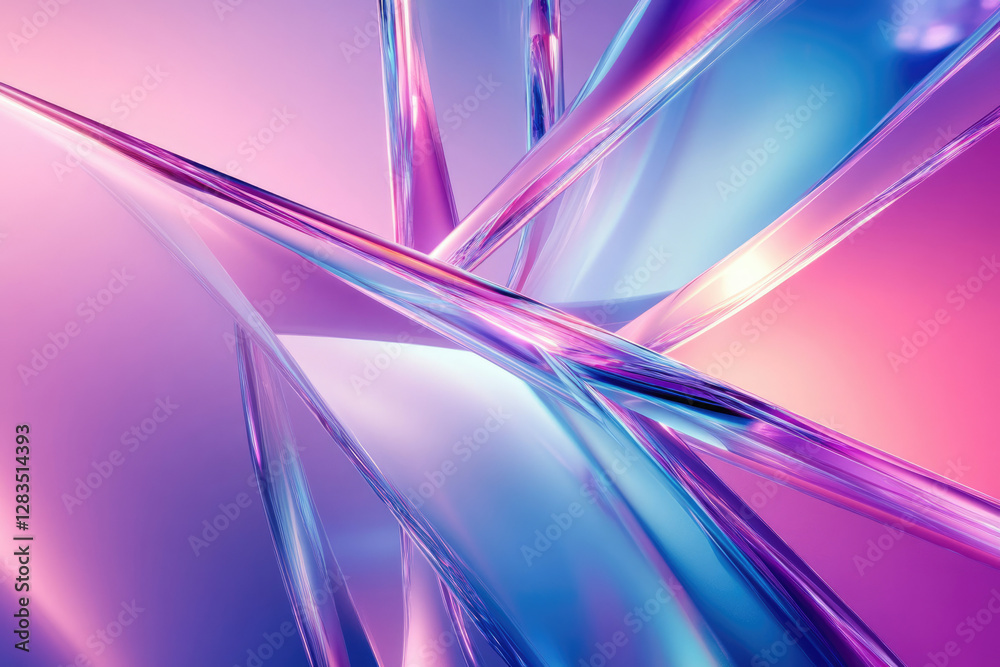 Poster abstract art of vibrant purple and blue glass shards intersecting, creating a dynamic and colorful c
