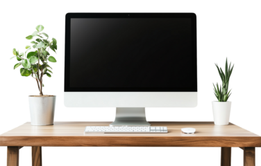 computer on the wood desk isolated on the transparent background. 