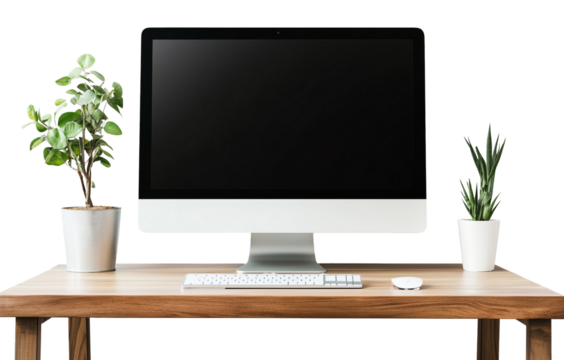 computer on the wood desk isolated on the transparent background. 