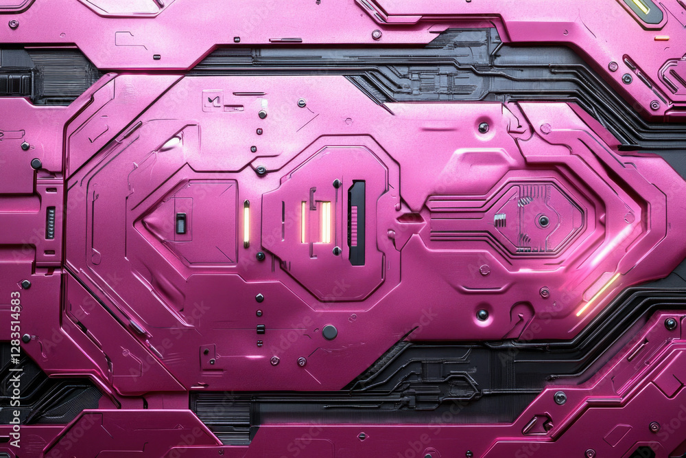 Poster futuristic pink metallic panel with intricate circuitry and glowing elements.