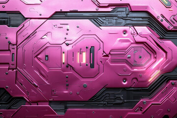 Futuristic pink metallic panel with intricate circuitry and glowing elements.