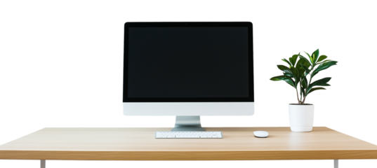 computer on the wood desk isolated on the transparent background. 
