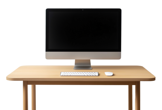 computer on the wood desk isolated on the transparent background. 