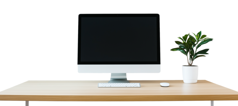 computer on the wood desk isolated on the transparent background. 