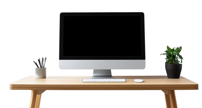 computer on the wood desk isolated on the transparent background.  - Powered by Adobe