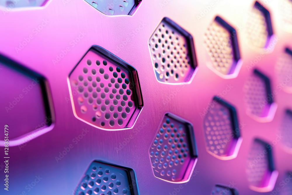 Poster Abstract image of a metallic surface with hexagonal patterns and perforated details, showcasing vibrant purple and pink hues.