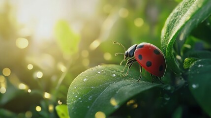 Obraz premium Close-up of a ladybug on a leaf with sunlight