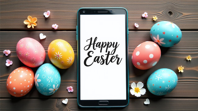 colorful decorated eggs rustic wooden background happy easter calligraphy text message mobile phone